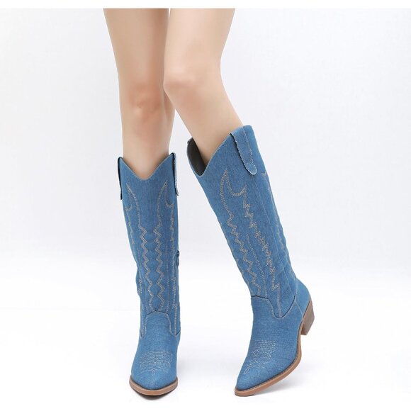 Women's Blue Knee High Long Pointed Toe With Zip Western Cowboy Boots - Picture 4 of 8